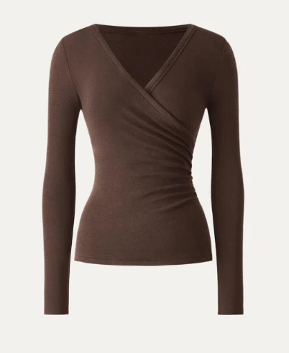 OGL Surplice Top Eco-MiYaMoon Ruched Long Sleeve Brown Size XL NEW